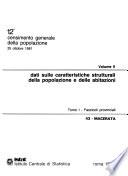 12o censimento generale della popolazione, 25 ottobre 1981: Dati sulle caratteristiche strutturali della popolazione e delle abitazioni. t. 1. Fascicoli provinciali. 95 pts. t. 2. Fascicoli regionali. 20 pts. pt. 3. Italia