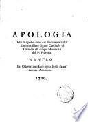 Apologia delle risposte date dal procuratore dell'eminentissimo signor cardinale di Tournon alli cinque Memoriali del p. Provana contro le Osservazioni fatte sopra di esse da un'autore anonimo[Giovanni Giacomo Fatinelli]