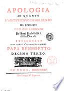 Apologia di quanto l'arcivescovo di Sorrento ha praticato con gli economi de' beni ecclesiastici di sua diocesi consegnata alla Santità di nostro Signore Papa Benedetto decimo terzo
