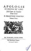 Apologie In Difesa De' Libri Del Conte & Caualier Gran Croce D. Emanvele Tesavro