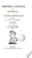 Biblioteca italiana; ossia Giornale di letteratura, scienze ed arti compilato da una società di letterati