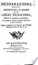 Dichiarazione dell'Instituto, e scopo de' Liberi Muratori, Dove si prende a confutare il Candeliere acceso de' Liberi Muratori eretto di fresco. Opera tradotta dal Latino nel Volgare Idioma da C.B.D.C.B