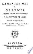 Lamentazioni di Geremia i sette salmi penitenziali e il cantico di Mosè
