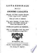 Lista Generale Dell'Anonimo Cabalista Ricavata dal Libro autentico stampato l'Anno 1733 in cui si conserva Estesa per ordine di Alfabetto