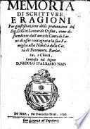 Memoria di scritture e ragioni per giustificazione delle pretenzioni del Sig. D. Gio. Leonardo Orsino, come discendente dall'antichi Conti di Sarno di esser reintegrata la sua famiglia alla nobiltà delle città di Beneuento, Barletta, e Chieti, etc