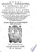 Mondi celesti, terrestri, et infernali, de gli Academici pellegrini. Composti dal Doni; mondo piccolo, grande, misto, risibile, imaginato, de pazzi, & massimo. Inferno de gli scolari de mal maritati, delle puttane, & ruffiani, soldati, & capitani poltroni, dottor cattiui, legisti, artisti, de gli vsurai, de poeti & compositori ignoranti