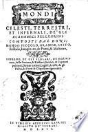 Mondi celesti, terrestri, et infernali, de gli Academici pellegrini: composti dal Doni; mondo piccolo, grande, misto, risibile, imaginato, de pazzi, & massimo, inferno, de gli scolari, de malmaritati, delle puttane, & ruffiani, soldati, & capitani poltroni, dottor cattiui, legisti, artisti, degli vusrai [!!, de poeti & co[m]positori ignoranti