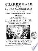 Quaresimale del p. Andrea Girolamo Savini della compagnia di Gesu' ..