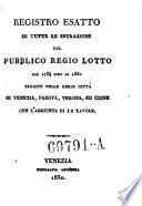 Registro esatto di tutte le estrazioni del pubblico regio lotto dal 1734 fino al 1830 seguite nelle regie citta di Venezia, Padova, Verona, ed Udine (etc.)