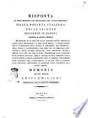 Risposta al tema proposto con programma 22. luglio 1821 dalla Societa italiana delle scienze residente in Modena ... memoria del sig. dottor Luigi Emiliani ..